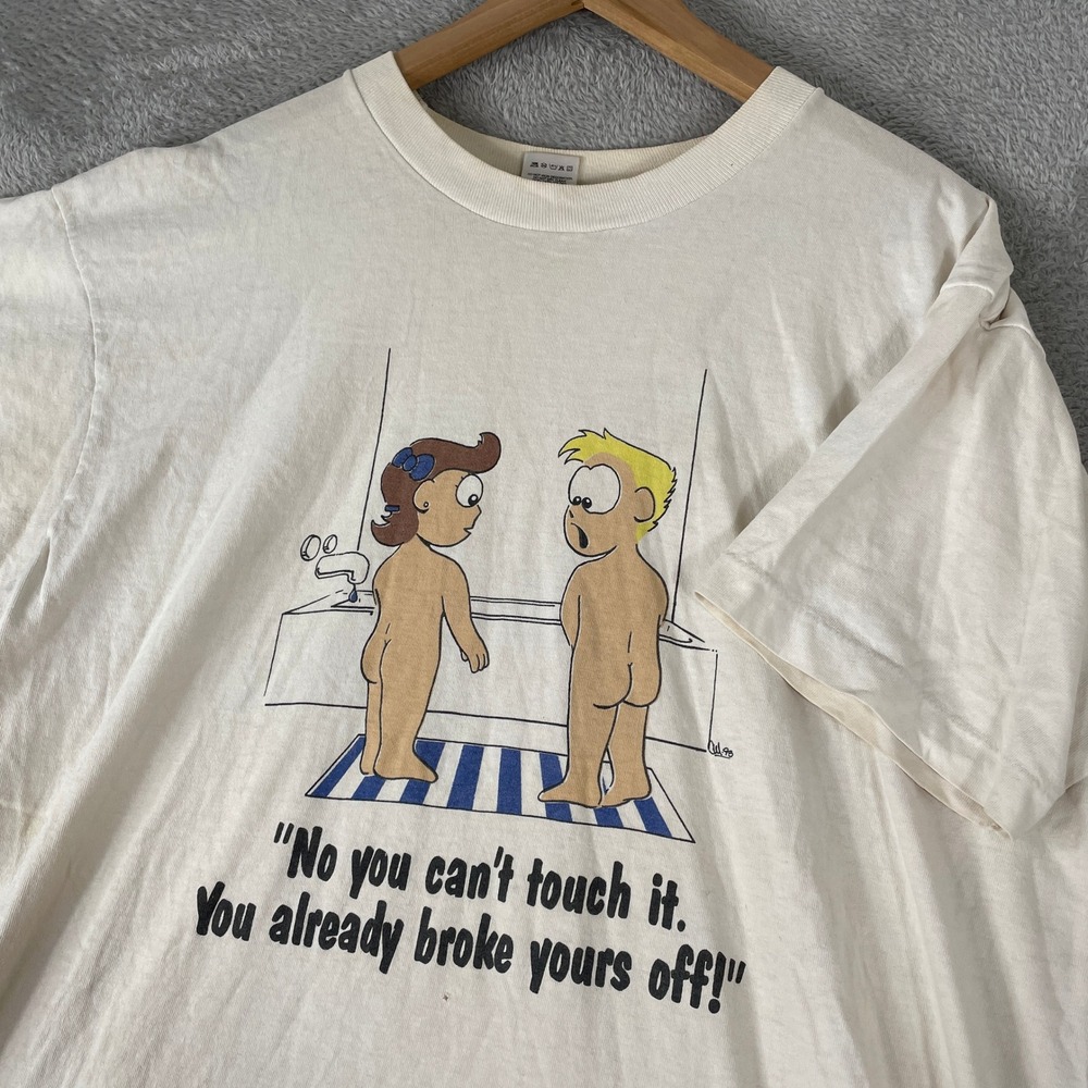 Vintage 90s Adult Humor Shirt Mens XL Cream Single Stitch Cartoon Novelty